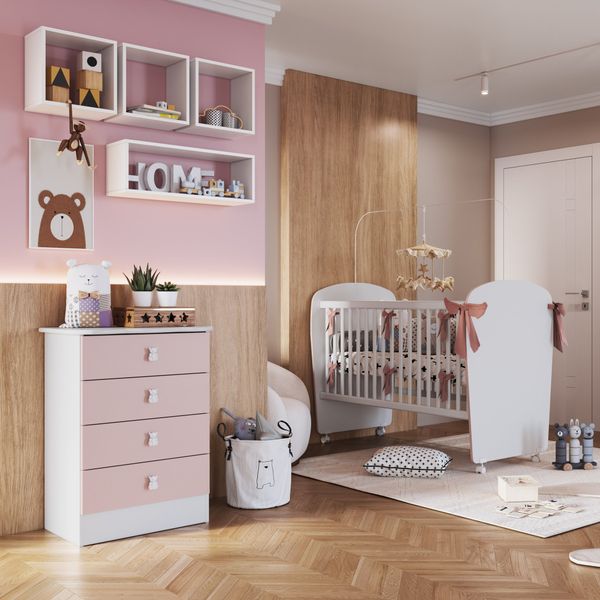 Quarto de Bebê Completo Cômoda 4 Gavetas com Berço Arco-Íris Branco/Rosa