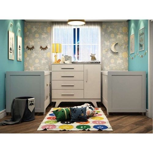 Conjunto para Quarto de Bebê Irmãos Cômoda e 2 Berços Retrô Móveis Peroba Branco Brilho