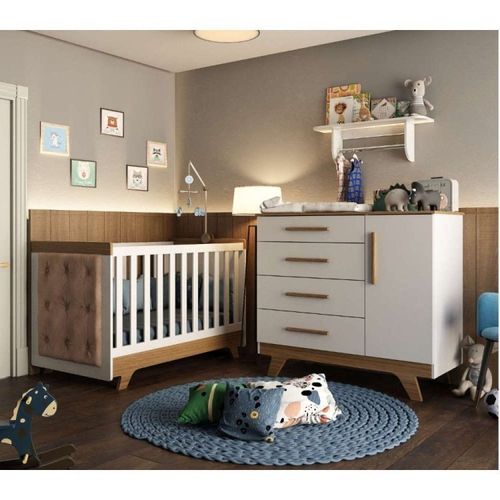 Conjunto para Quarto de Bebê com Cômoda de Bebê Berço com Capitone e Prateleira Retrô Móveis Peroba Branco Brilho/Carvalho/Pena Areia