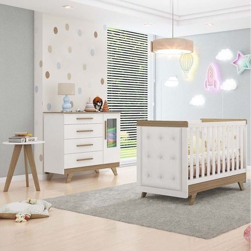 Conjunto para Quarto de Bebê Cômoda com Janela Mesa Lateral e Berço com Capitone Retrô Móveis Peroba Branco Brilho/Carvalho/Corino Branco