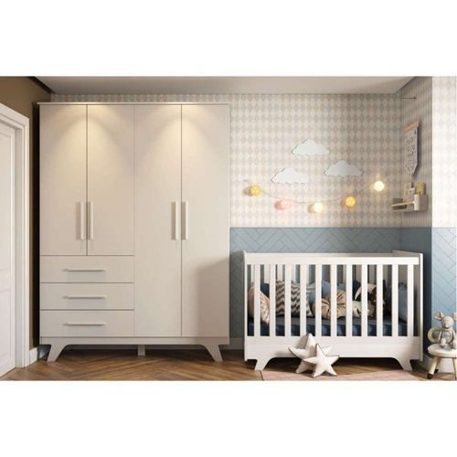 Conjunto para Quarto de Bebê com Guarda Roupa 4 Portas 3 Gavetas e Berço Retrô Móveis Peroba Branco Brilho