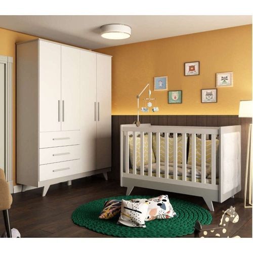 Conjunto para Quarto de Bebê com Guarda Roupa e Berço com Capitone Retrô Móveis Peroba Branco Brilho/Cinza/Corino Branco