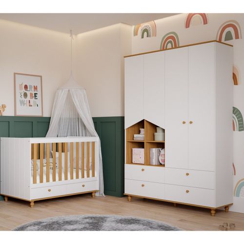Quarto de Bebê com Berço e Guarda Roupa 4 Portas 4 Gavetas Picolé Espresso Móveis Branco/Nature