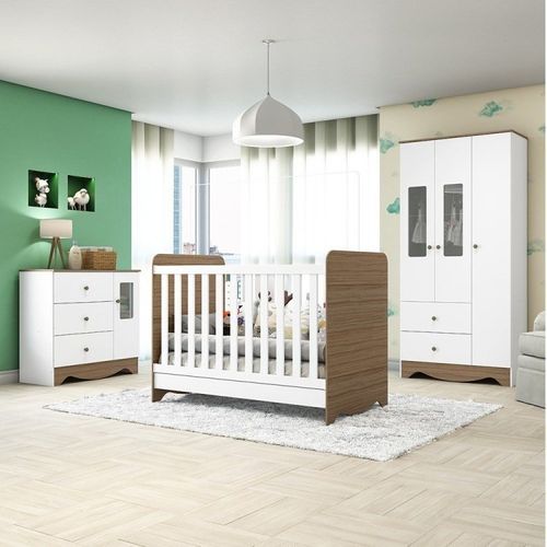 Quarto de Bebê Completo com Guarda Roupa e Cômoda com Janelas e Berço 3 em 1 Pirueta Espresso Móveis Branco Brilho/Carvalho