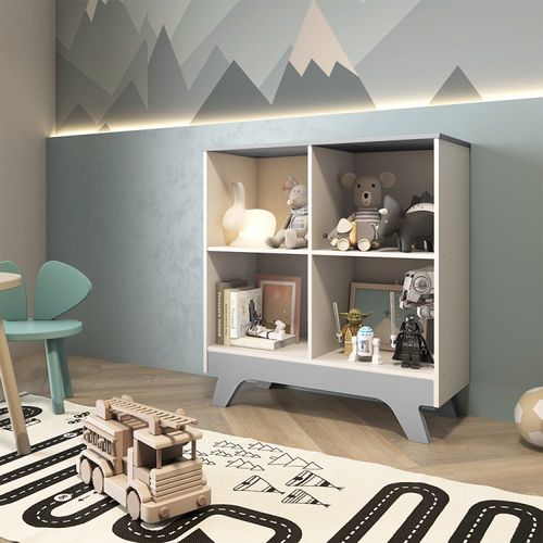 Estante Infantil Livreiro 4 Nichos em MDF Kakau Retrô Móveis Peroba Branco Brilho/Cinza