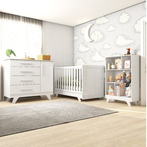 Quarto de Bebê com Berço Mini Cama Cômoda e Estante 5 Nichos Kakau Retrô Espresso Móveis Branco