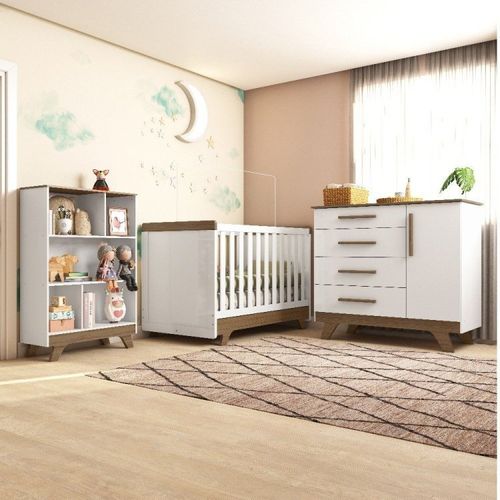 Quarto de Bebê com Berço Mini Cama Cômoda e Estante 5 Nichos Kakau Retrô Espresso Móveis Branco/Carvalho