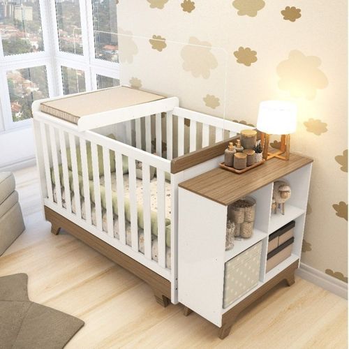 Quarto de Bebê com Berço Mini Cama Estante 4 Prateleiras e Trocador Kakau Retrô Espresso Móveis Branco/Carvalho