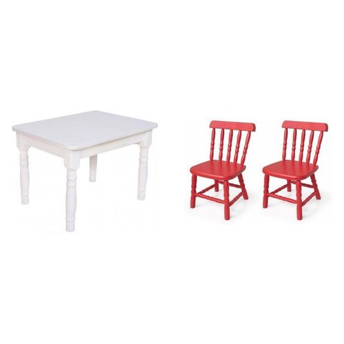 Conjunto Infantil Mesa 68x52cm com 2 Cadeiras Madeira Maciça Ecomóveis Branco/Vermelho