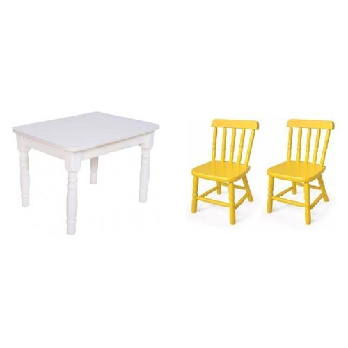 Conjunto Infantil Mesa 68x52cm com 2 Cadeiras Madeira Maciça Ecomóveis Branco/Amarelo