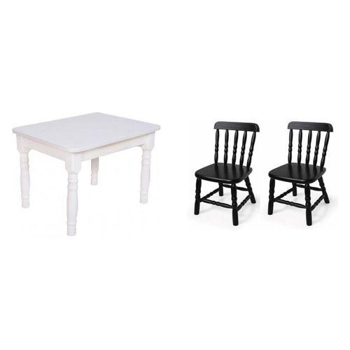 Conjunto Infantil Mesa 68x52cm com 2 Cadeiras Madeira Maciça Ecomóveis Branco/Preto