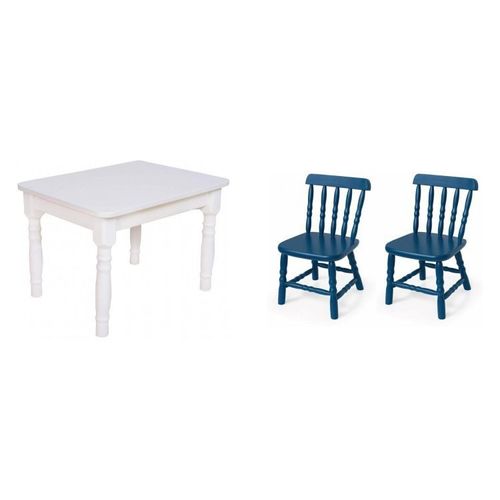 Conjunto Infantil Mesa 68x52cm com 2 Cadeiras Madeira Maciça Ecomóveis Branco/Azul