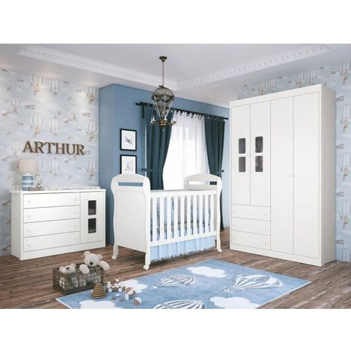 Quarto de Bebê Completo 1 Berço 1 Cômoda Sapateira 1 Guarda Roupa Joãozinho Móveis Reller Branco