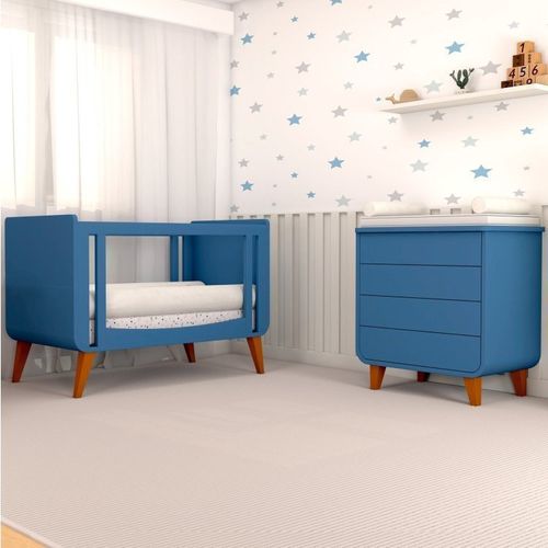 Quarto de Bebê Completo Berço 2 em 1 com Cômoda 4 Gavetas e-Galaxy Timber Azul