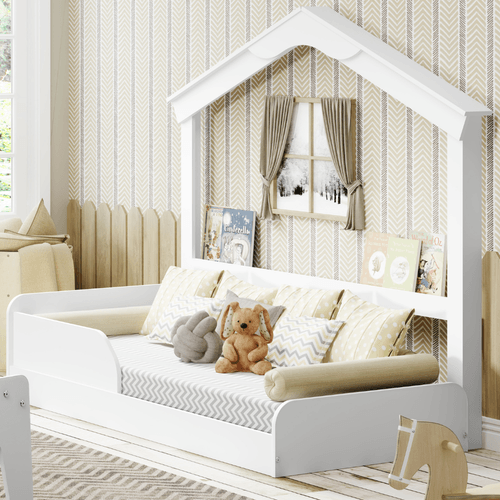 Cama Montessoriana Infantil Montessoriana Casinha Porta Livros Branco