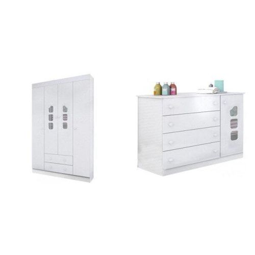 Guarda Roupas 4 Portas 2 Gavetas e Cômoda 4 Gavetas 1 Porta Lívia Phoenix Baby Branco