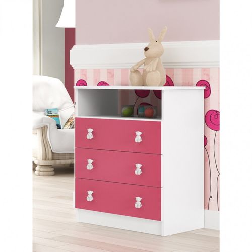 Cômoda de Bebê 3 Gavetas 1 Nicho Arco-íris DJD Móveis Branco/Rosa