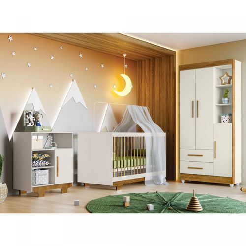 Quarto de Bebê 100% MDF Berço Minicama com Colchão, Cômoda e Guarda Roupa Flocos Off White/Ypê