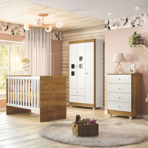 Quarto de Bebê 100% MDF Berço com Colchão, Cômoda Soft e Guarda Roupa 3 Portas Life Branco/Ypê