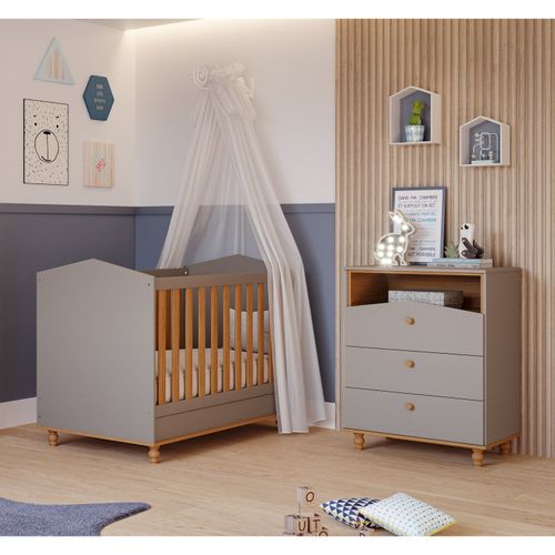 Conjunto para Quarto de Bebê Berço Mini Cama Cômoda 3 Gavetas Bala de Goma Espresso Móveis Fendi/Nature