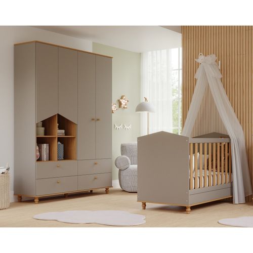 Quarto de Bebê com Berço e Guarda Roupa 4 Portas 4 Gavetas Bala de Goma Espresso Móveis Fendi/Nature