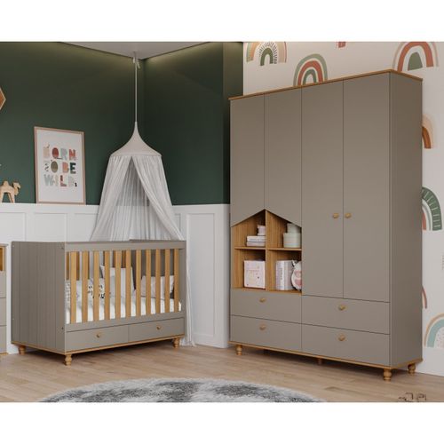 Quarto de Bebê com Berço e Guarda Roupa 4 Portas e 4 Gavetas Picolé Fendi/Nature