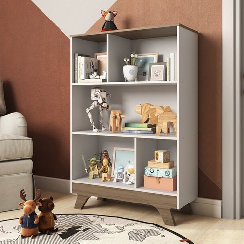 Estante Retro em MDF 5 Nichos Móveis Peroba Branco/Carvalho