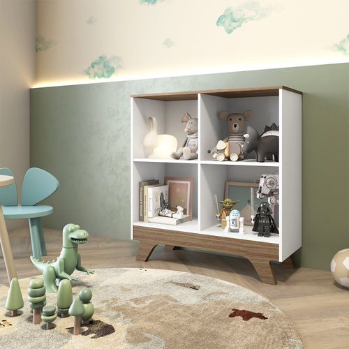 Livreiro Retrô em MDF 4 Nichos Móveis Peroba Branco/Carvalho