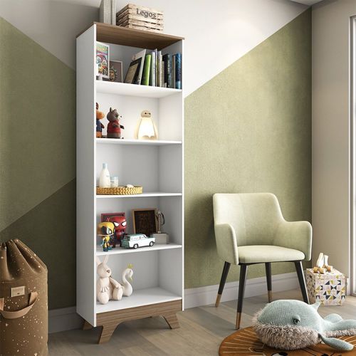 Estante Infantil com 5 Prateleiras em MDF Kakau Retrô Móveis Peroba Branco Brilho/Carvalho
