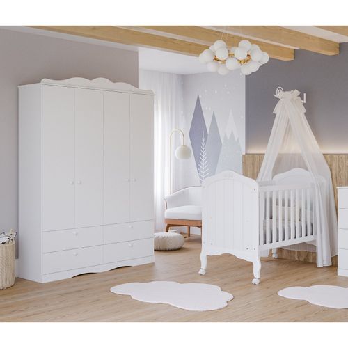 Quarto de Bebê com Berço e Guarda Roupa 4 Portas e 4 Gavetas Aquarela Espresso Móveis Branco