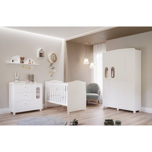 Quarto de Bebê com Berço, Cômoda 4 Gavetas Guarda Roupa 4 Portas 4 Gavetas Prateleira Doçura Branco