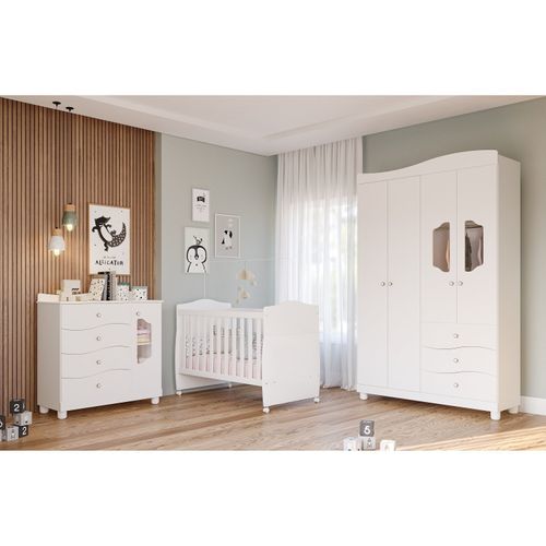 Quarto de Bebê Berço, Cômoda 4 Gavetas, Guarda Roupa 4 Portas 3 Gavetas Soninho Espresso Móveis Branco