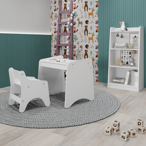 Conjunto Infantil 3 Pecas 1 Mesa 1 Cadeira Com Regulagem 1 Estante Organizadora Branco