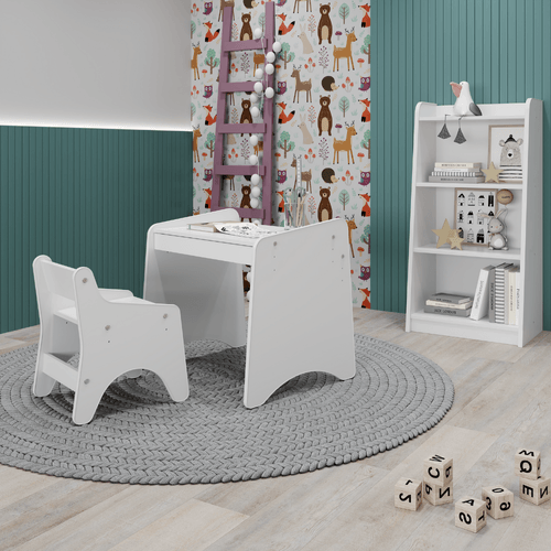 Conjunto Infantil 3 Peças 1 Mesa 1 Cadeira com Regulagem 1 Estante Organizadora Movelbras Branco