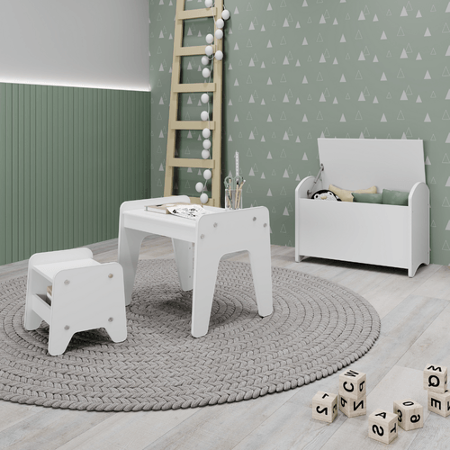 Conjunto Infantil 3 Pecas 1 Mesa 1 Banquinho 1 Bau Organizador Branco