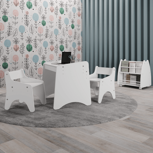 Conjunto Infantil 4 Peças 1 Mesa 2 Cadeirinhas 1 Biblioteca Porta Livros Movelbras Branco
