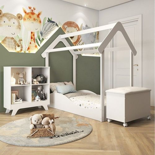 Quarto Infantil com 1 Minicama Montessoriana 1 Estante Retrô e Baú com Tampo Espresso Móveis Branco