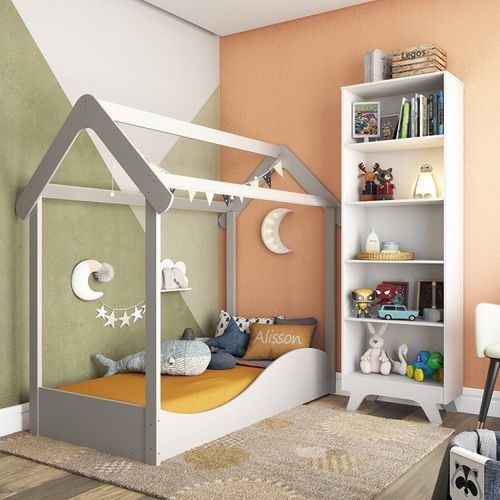 Quarto Infantil com 1 Minicama Montessoriana e Prateleira Vertical Retrô Móveis Peroba Branco