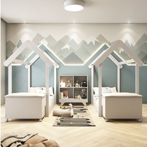 Quarto Infantil com 2 Minicamas Montessorianas 1 Estante Retrô e 2 Baús com Tampo Móveis Peroba Branco