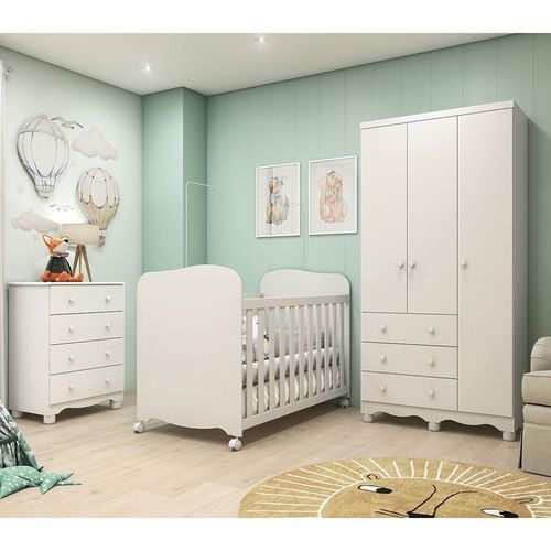 Quarto de Bebê Completo com Berço Mini Cama Guarda Roupa 3 Portas e Cômoda 100% MDF Mimo Móveis Peroba Branco Brilho