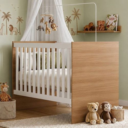 Berço com Colchão Suporte Mosquiteiro Life 100% MDF Branco/Madeirado Ypê