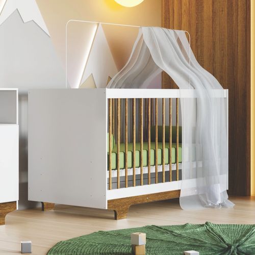 Berço Mini Cama 100% MDF com Colchão Flocos Branco/Madeirado Ypê
