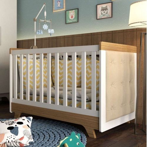 Berço Mini Cama com Capitône Retrô 100% MDF Móveis Peroba Branco/Carvalho/Corino Bege