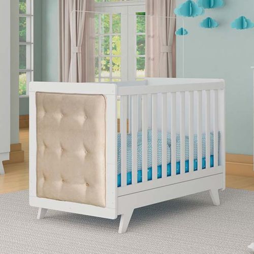 Berço Mini Cama com Capitône Retrô 100% MDF Móveis Peroba Branco/Corino Bege