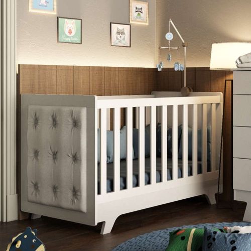 Berço Mini Cama com Capitône Retrô 100% MDF Móveis Peroba Branco/Corino Branco