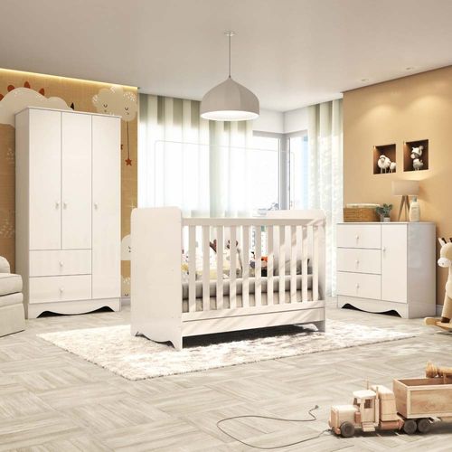 Quarto de Bebê Completo com Guarda Roupa Cômoda e Berço Americano 3 em 1 Pirueta Espresso Móveis Branco Brilho
