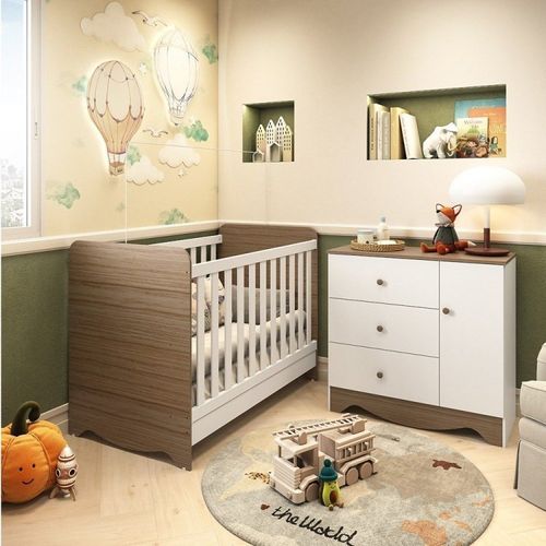 Quarto de Bebê Cômoda 3 Gavetas 1 Porta Berço Americano 3 em 1 Pirueta Espresso Móveis Branco Brilho/Carvalho