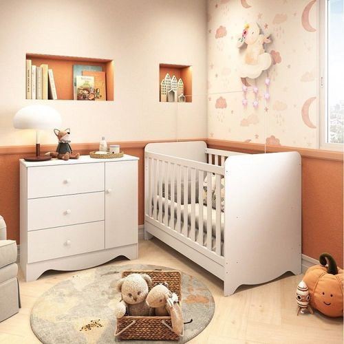 Quarto de Bebê Cômoda 3 Gavetas 1 Porta Berço Americano 3 em 1 Pirueta Espresso Móveis Branco Brilho
