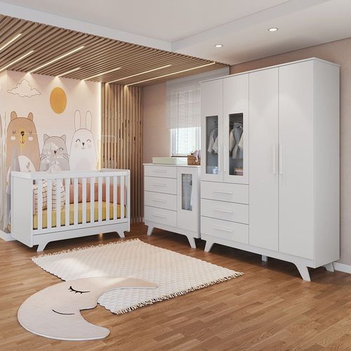 Quarto de Bebê Completo Berço Retrô Cômoda Guarda Roupa com Janela Móveis Peroba Branco Brilho
