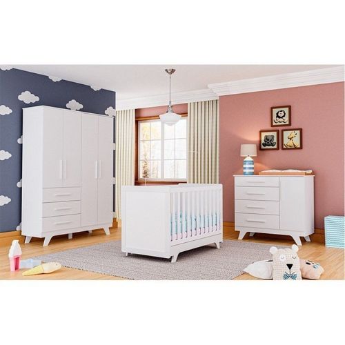 Quarto de Bebê Completo com Guarda Roupa Cômoda e Berço 100% MDF Jolie Retrô Espresso Móveis Branco Brilho
